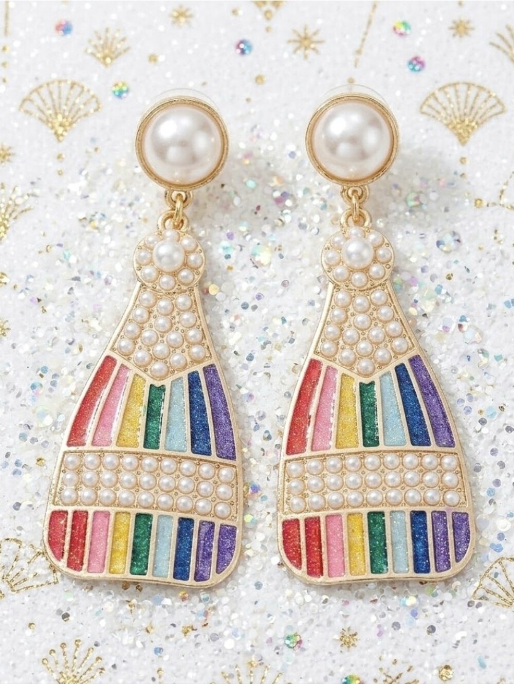 Gold Plated Shimmery Rainbow Pearl Champagne Bottle Earrings With Silver Posts